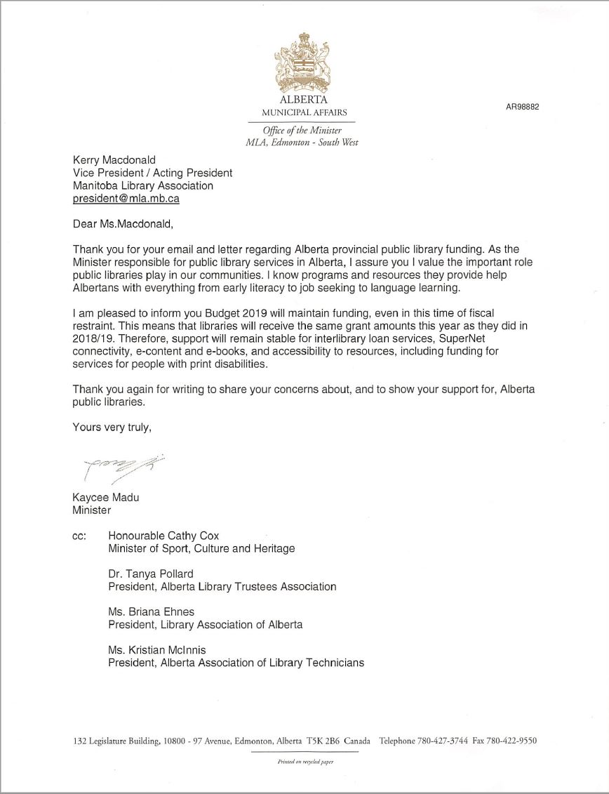 Letters to the Minister – Alberta Library Trustees Association